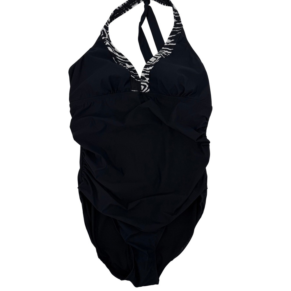 Assets by Sara Blakely Spanx Women XL Black Zebra Trim Halter One Piece Swimsuit